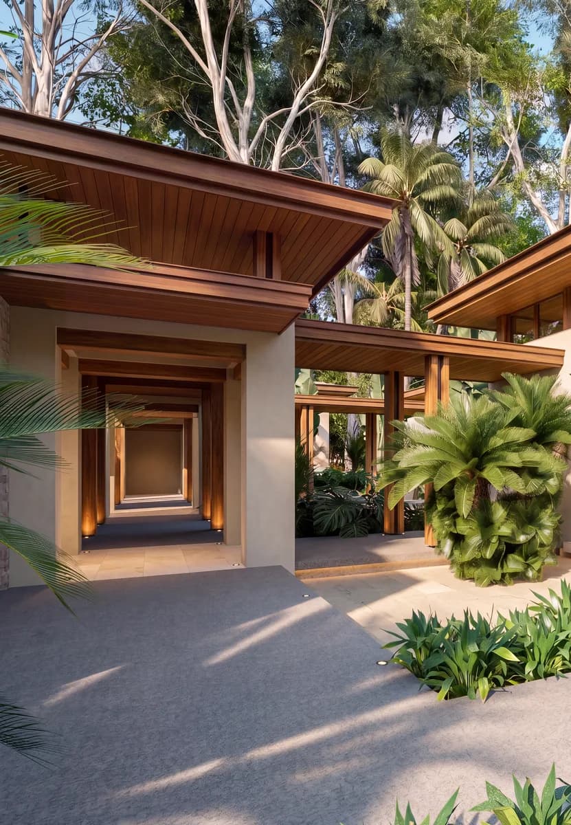Architectural visualization of Selva’s covered corridor, roof edge and planting at Sueños del Mar.