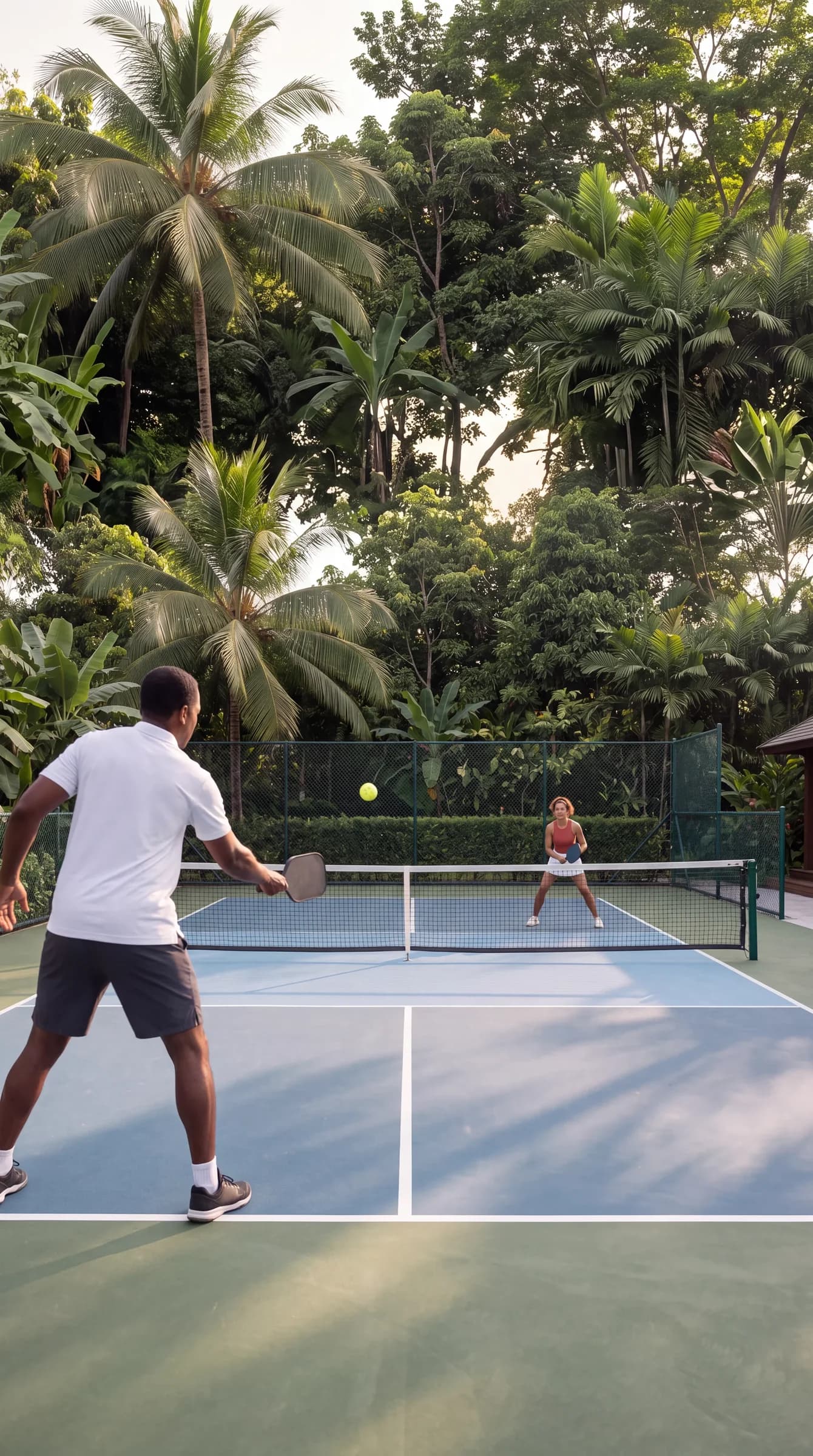 Vista vertical de una cancha de pickleball desde la línea de fondo